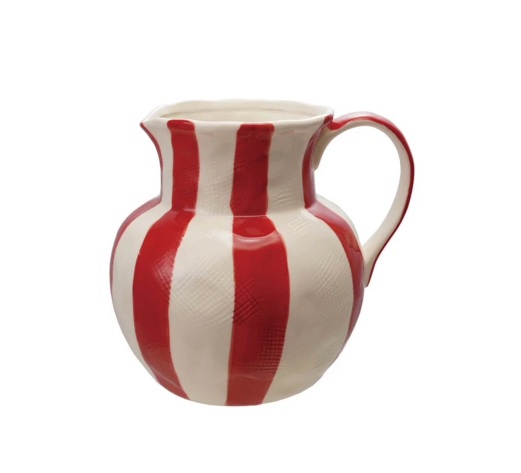 3-1/2 Quart Hand-Painted Stoneware Striped Pitcher with Linen Texture