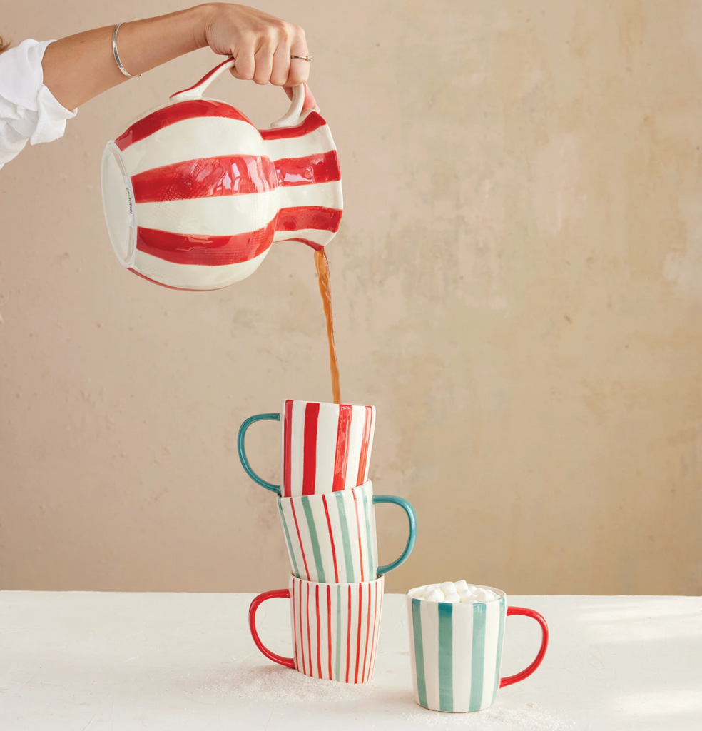 3-1/2 Quart Hand-Painted Stoneware Striped Pitcher with Linen Texture