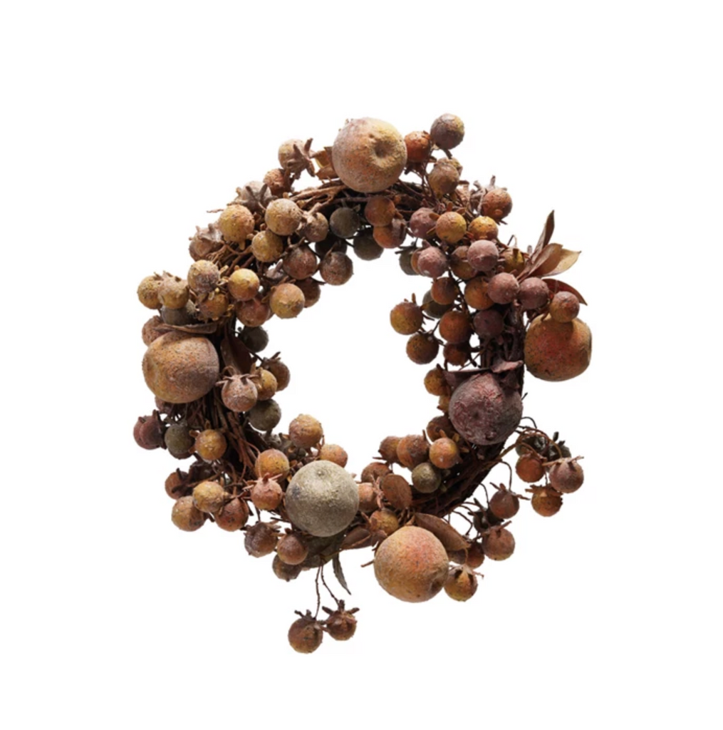 21" Round Faux Apples & Berries Wreath, Distressed Finish