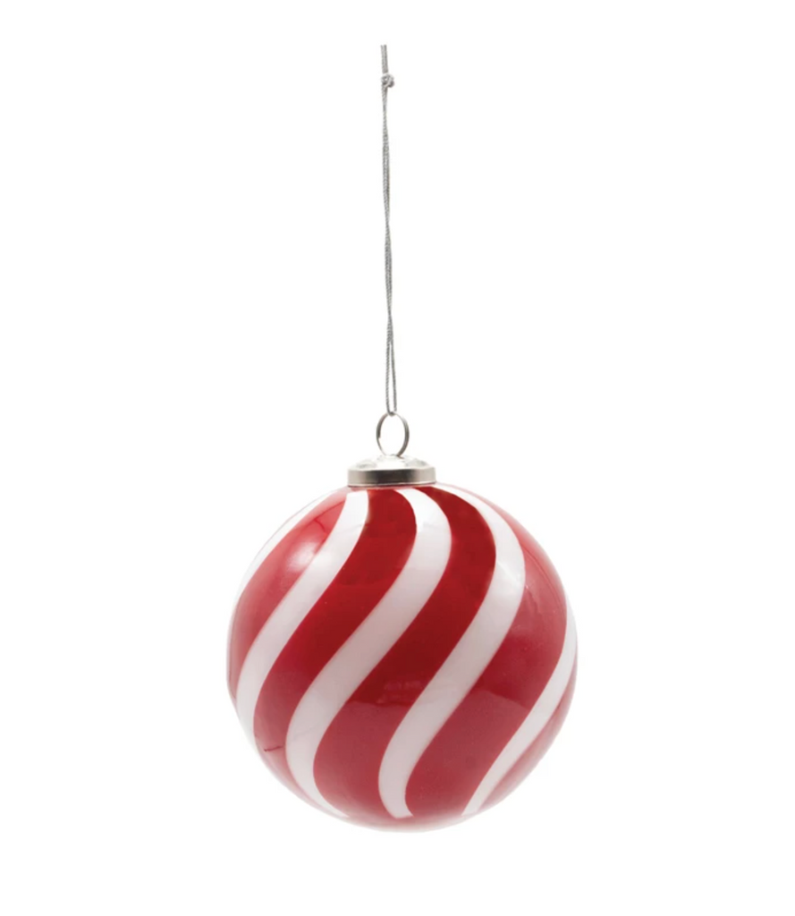 Hand-Blown Glass Ball Ornament with Swirled Stripes, Red & White