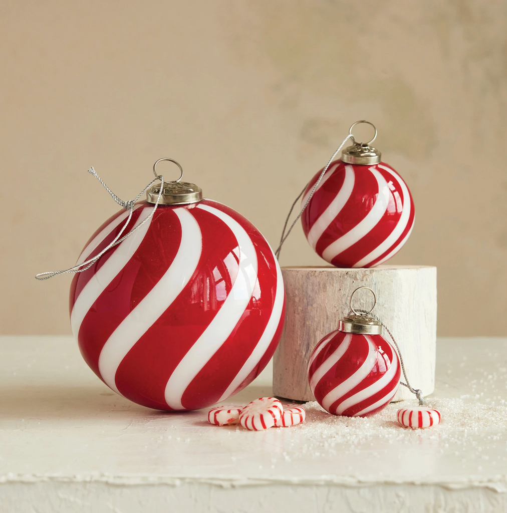 Hand-Blown Glass Ball Ornament with Swirled Stripes, Red & White