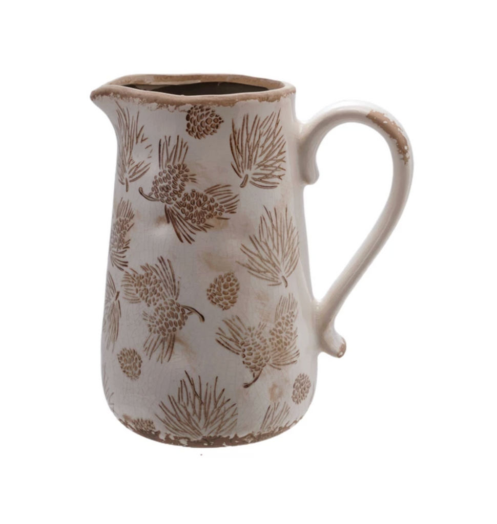 Decorative Stoneware Pitcher/Vase with Evergreen Boughs & Pinecones