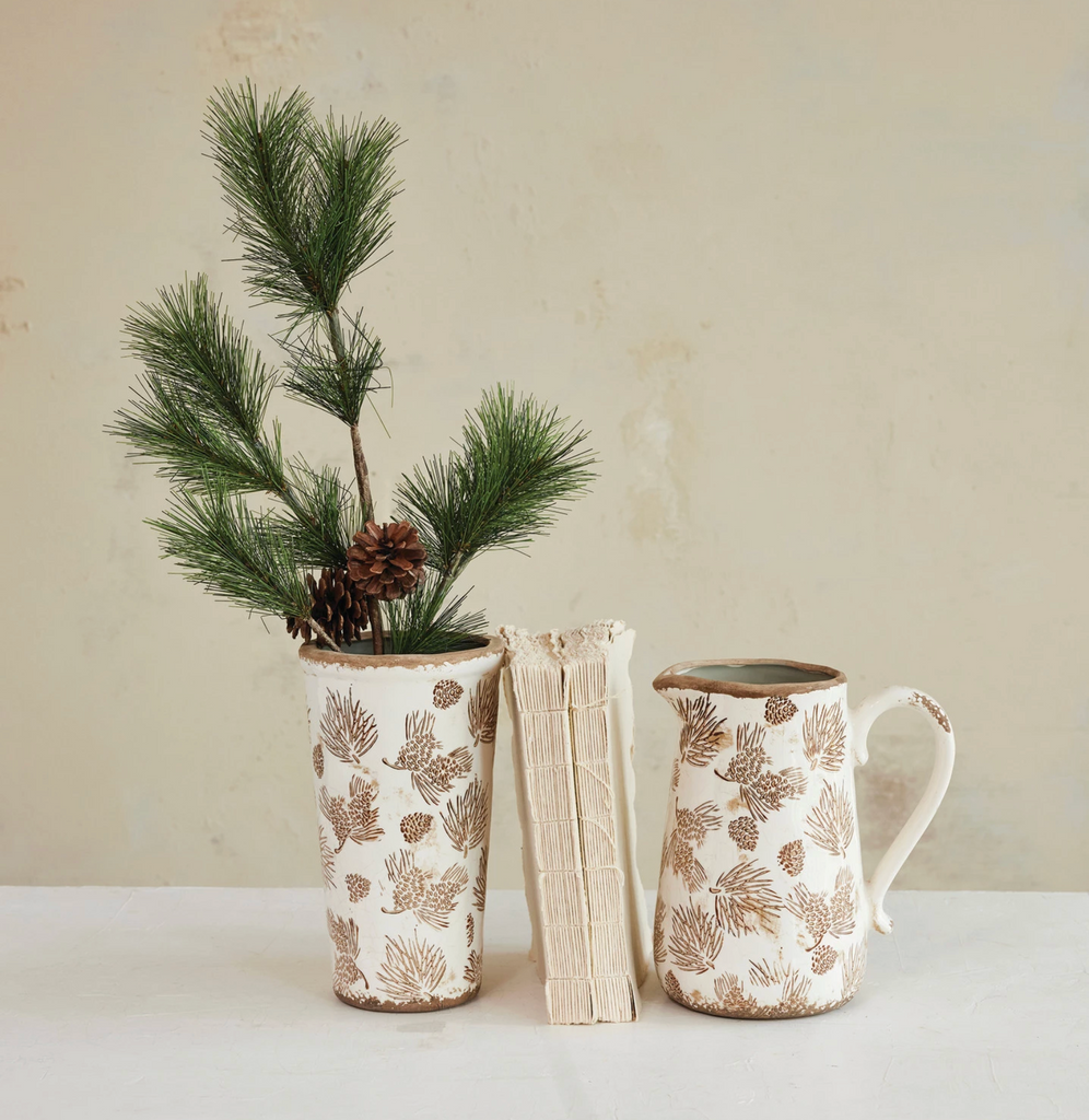 Decorative Stoneware Pitcher/Vase with Evergreen Boughs & Pinecones