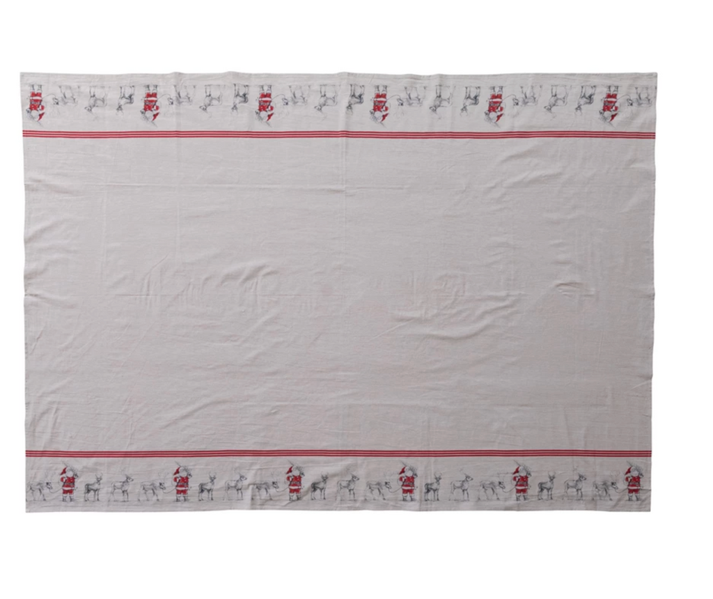 Table Cloth with Santa Leading Reindeer Image & Stripes, Natural