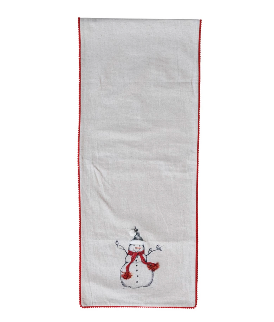 Table Runner with Embroidered Snowman & Bird Image