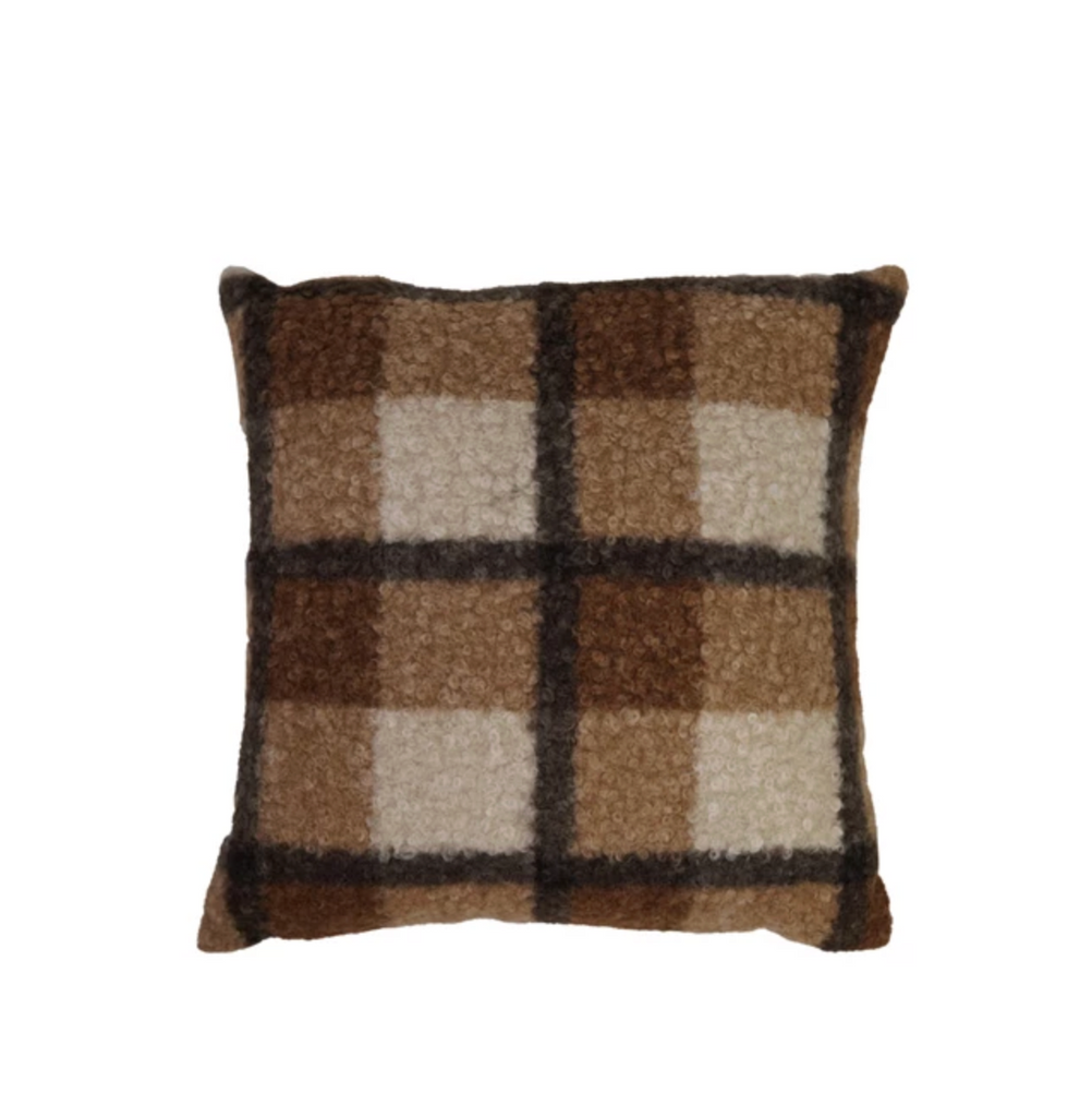 18" Square Fabric Faux Sherpa Pillow, Brown Plaid