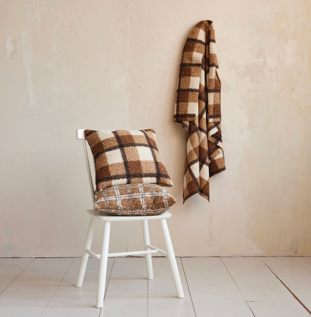 18" Square Fabric Faux Sherpa Pillow, Brown Plaid