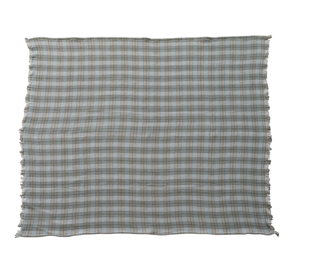 Woven Cotton Double Cloth Throw with Frayed Edges Plaid