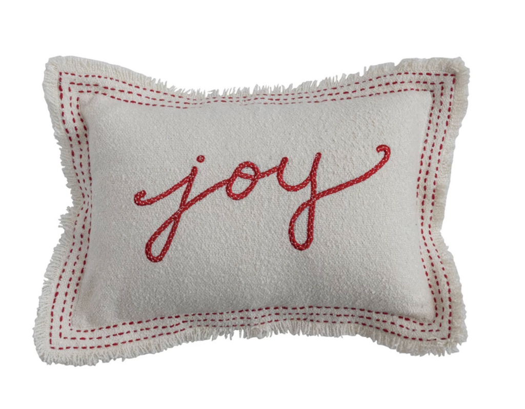 Woven Cotton Blend Textured Lumbar Pillow with Embroidery & Fringe "Joy"