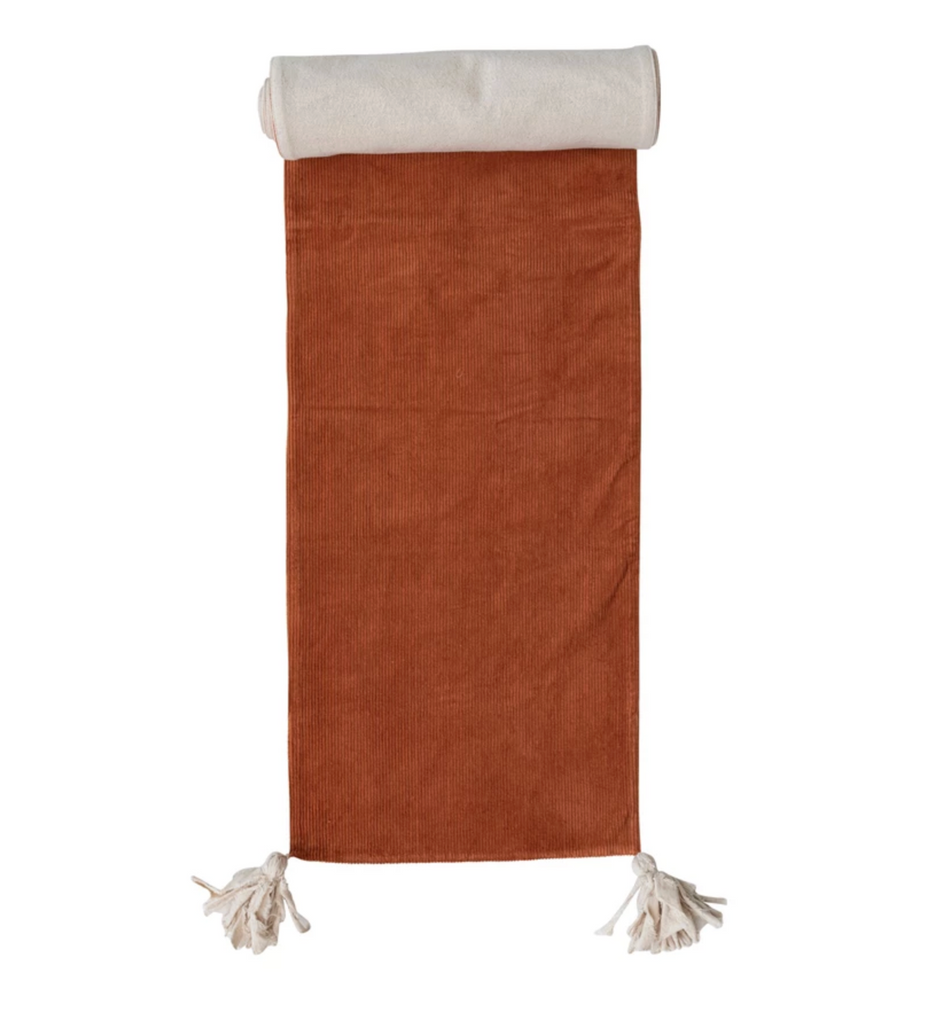 Cotton Corduroy & Linen Two-Sided Table Runner with Frayed Tassels