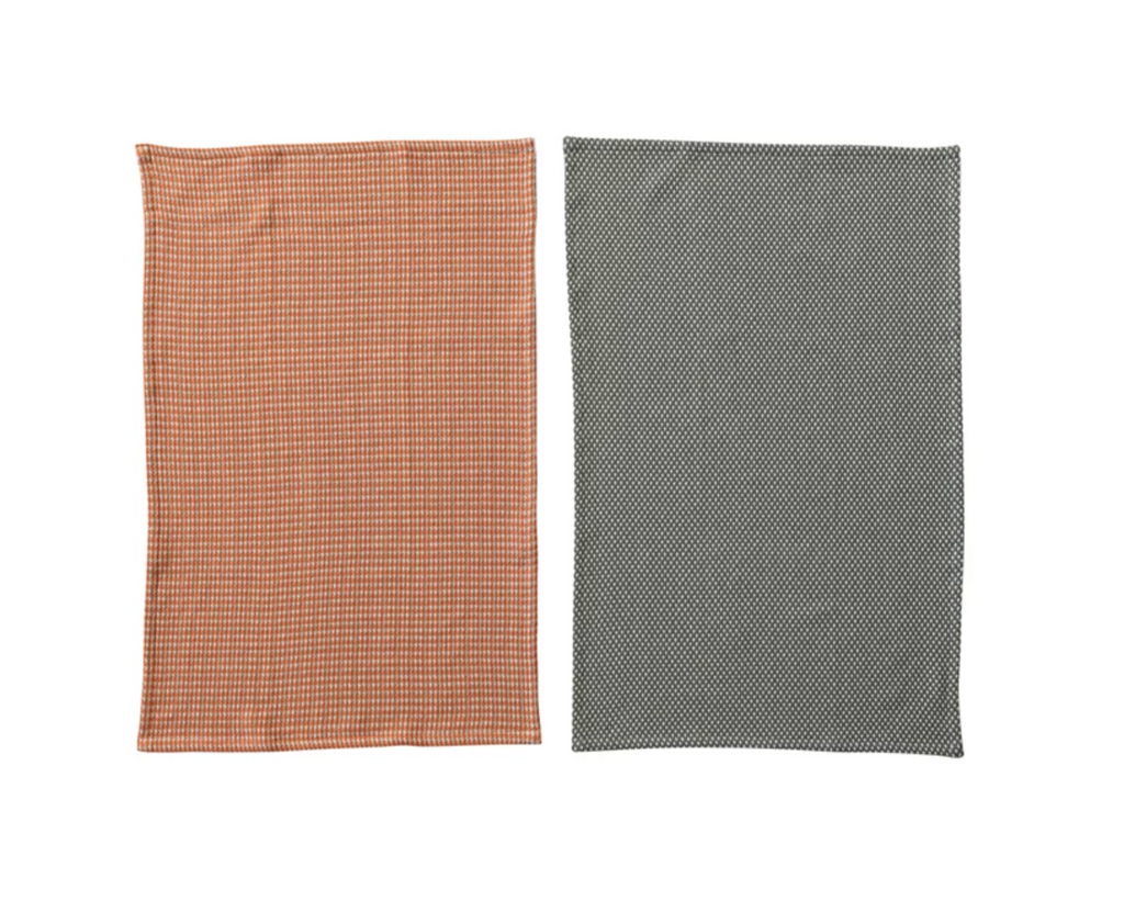 Woven Cotton Dobby Tea Towels, Orange & Charcoal Color, Set of 2