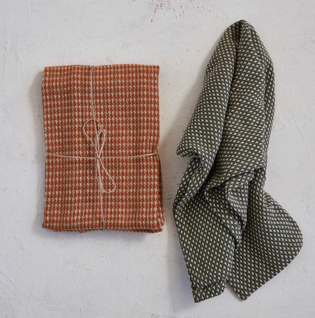 Woven Cotton Dobby Tea Towels, Orange & Charcoal Color, Set of 2