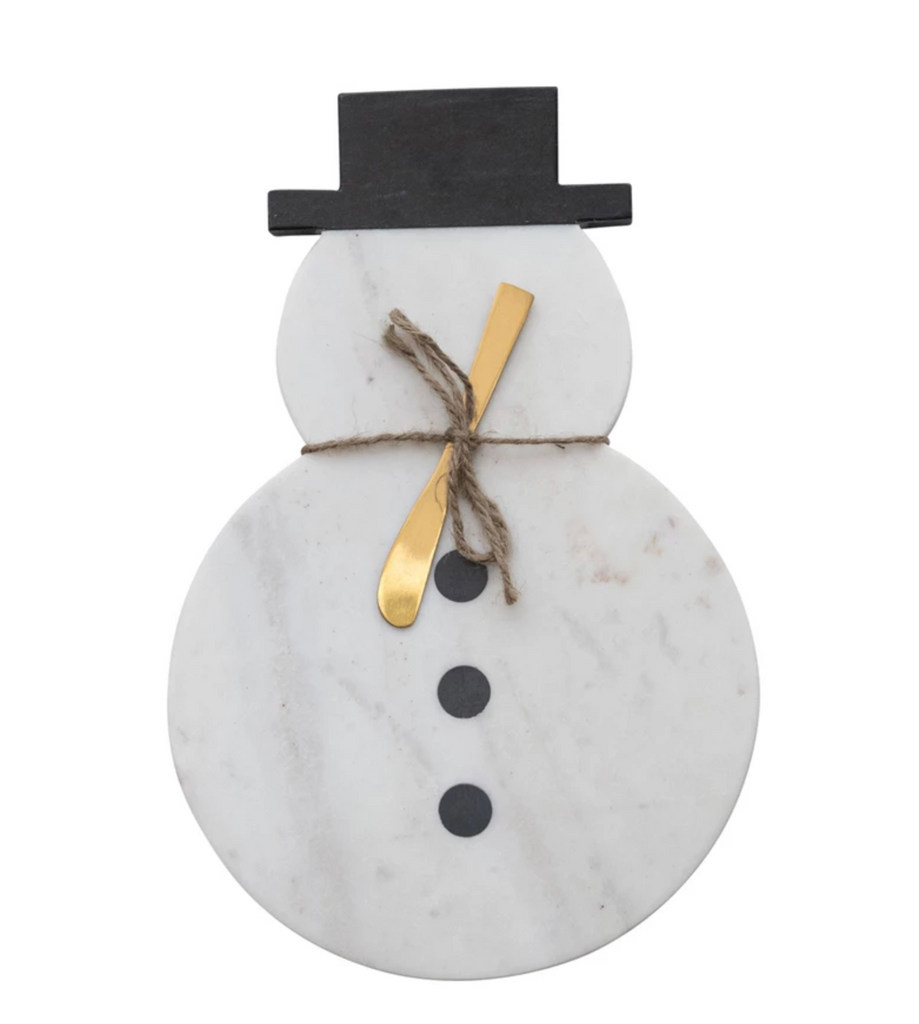 Marble Snowman Shaped Board with Canape Knife, Set of 2 Tied with Jute