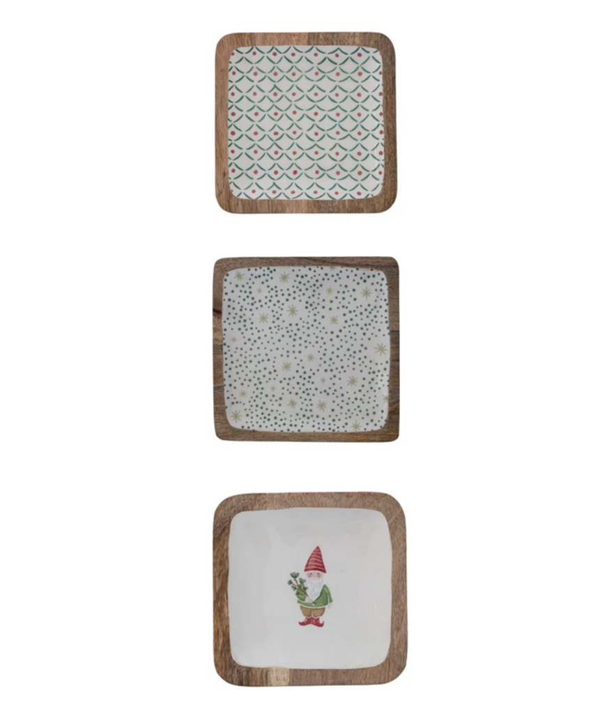 Square Enameled Mango Wood Trays with Patterns/Gnome,