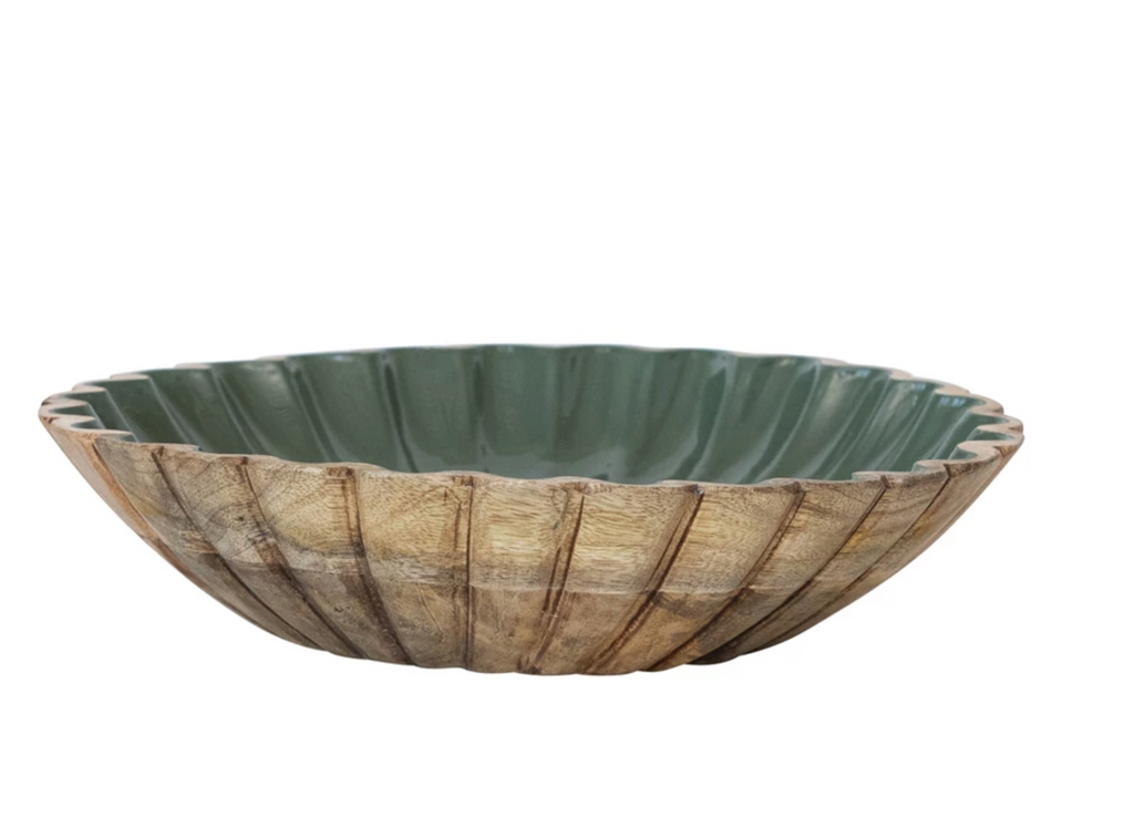 Carved Enameled Mango Wood Scalloped Bowl, Green & Natural