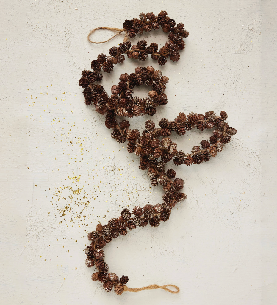 72"L x 1-1/2"H Pinecone Garland with Glitter & Jute Cord, Natural