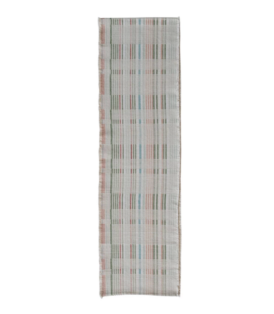 Woven Cotton Table Runner with Fringe, Multi Color Plaid