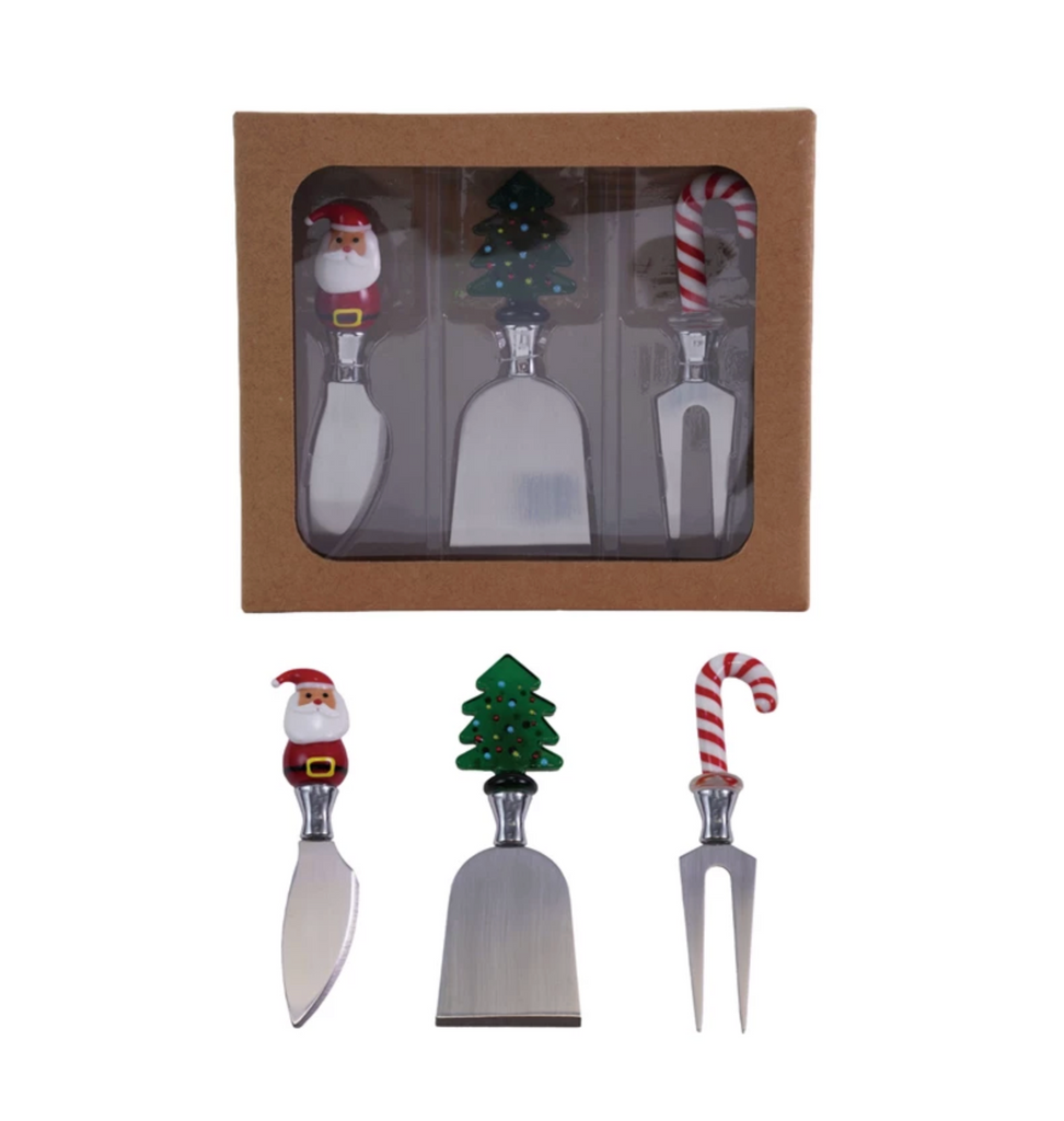Cheese Knives with Hand-Blown Glass Holiday Icon Handle, Boxed Set of 3