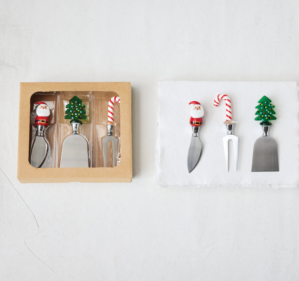 Cheese Knives with Hand-Blown Glass Holiday Icon Handle, Boxed Set of 3