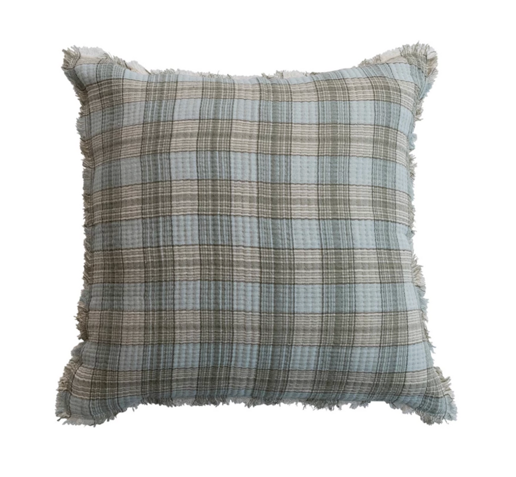 20" Square Pillow with Chambray Back & Frayed Edges Plaid
