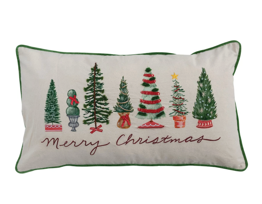 Lumbar Pillow with Piping, Embroidery & Trees "Merry Christmas"
