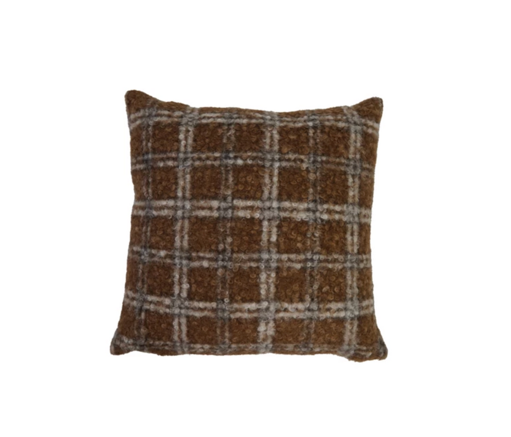18" Square Fabric Faux Sherpa Pillow, Brown & Black Plaid