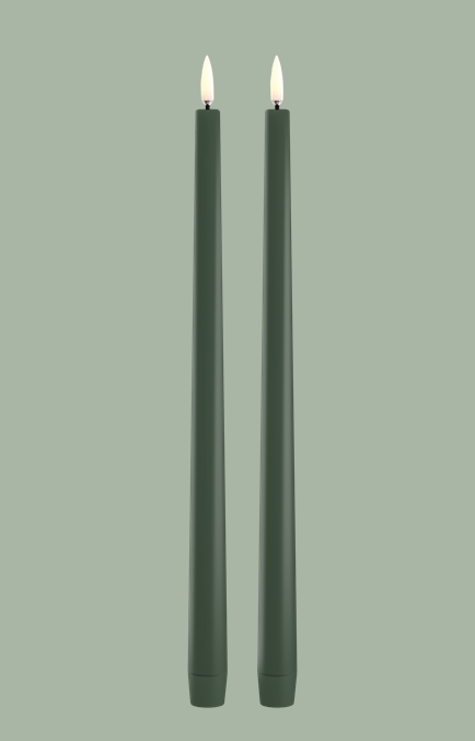 LED slim taper candle, olive green, smooth, 2-pack, 2,3x32cm