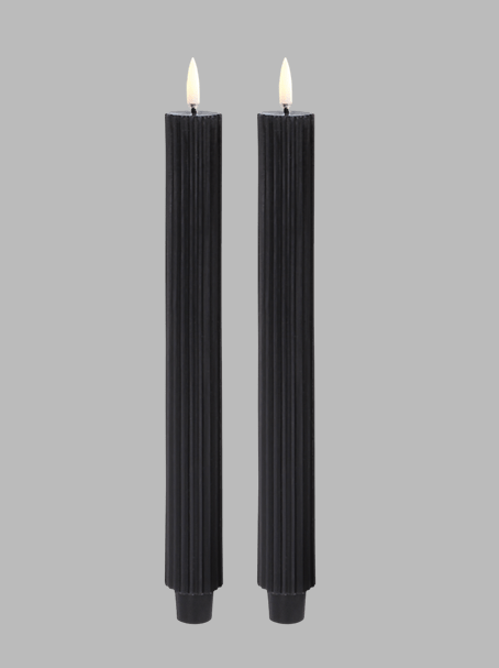 LED taper candle grooved, plain black, smooth, 2-pack, 3,2x25,5cm