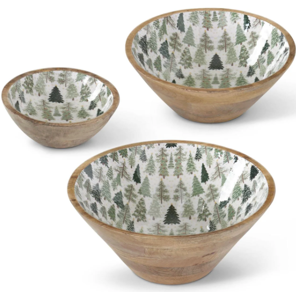 Wood Mango Bowl with Christmas Trees Enameled Interior