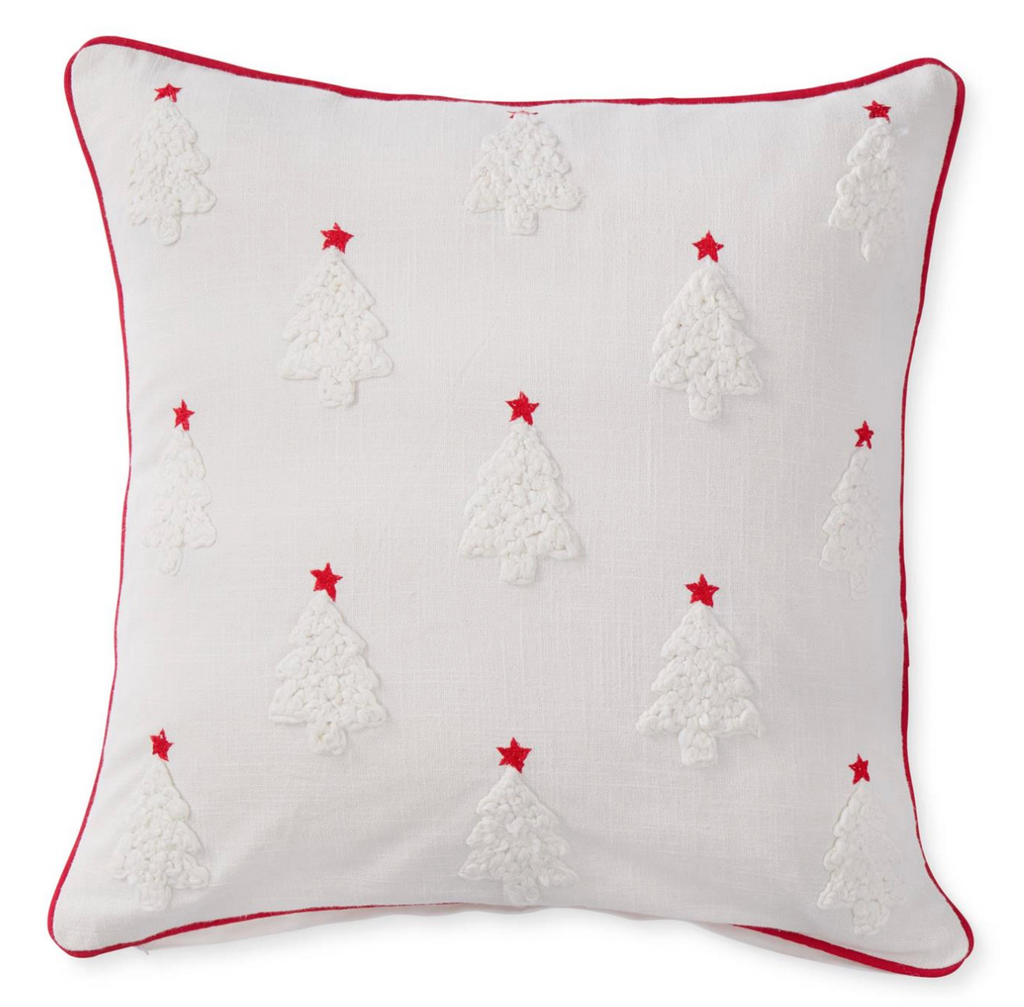 White Cotton Pillow w/Trees & Red Embroidered Stars