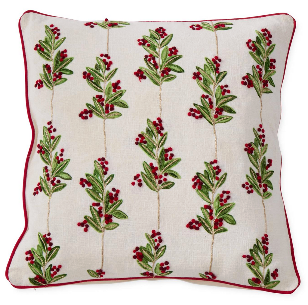 20 Inch Cream Cotton Pillow w/Holly Leaves & Berries