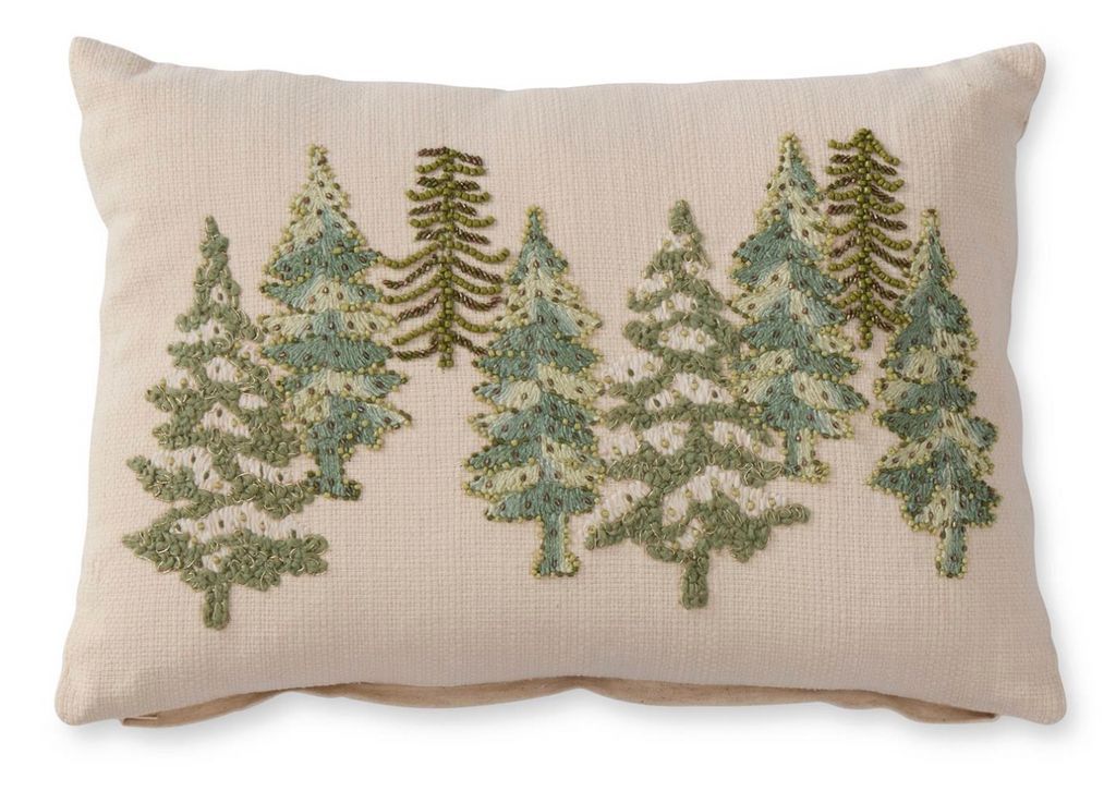 14 Inch Cream Cotton Linen Lumbar Beaded Christmas Tree Pillow