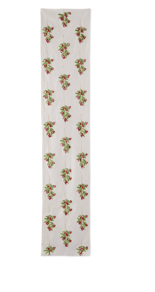 72 Inch Cream Cotton Table Runner w/Holly Leaves & Berries