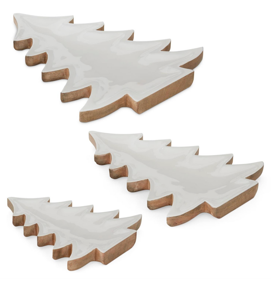 Wooden Christmas Tree Trays w/Enameled White Inside