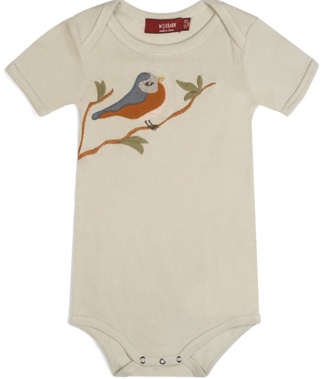 Blue Bird Appliqué Organic Cotton Short Sleeve One Piece 3-6M