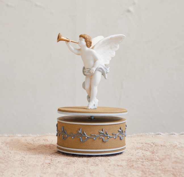 Resin Wind-Up Cherub Music Box, Plays "Hark! The Herald Angels Sing" ©