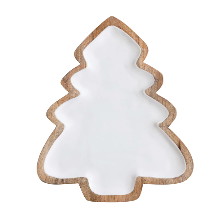 Enameled Mango Wood Christmas Tree Shaped Tray, White & Natural