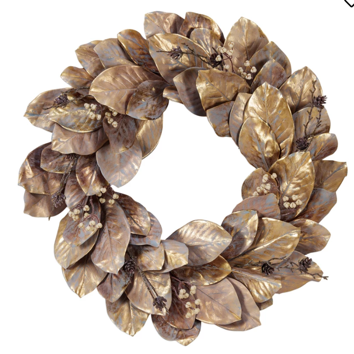 Faux Magnolia Leaf Wreath w/ Berries, Gold Finish