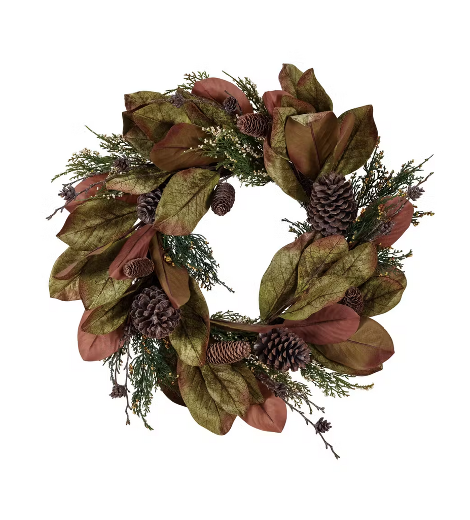 Faux Magnolia & Juniper Wreath w/ Pinecones, Green