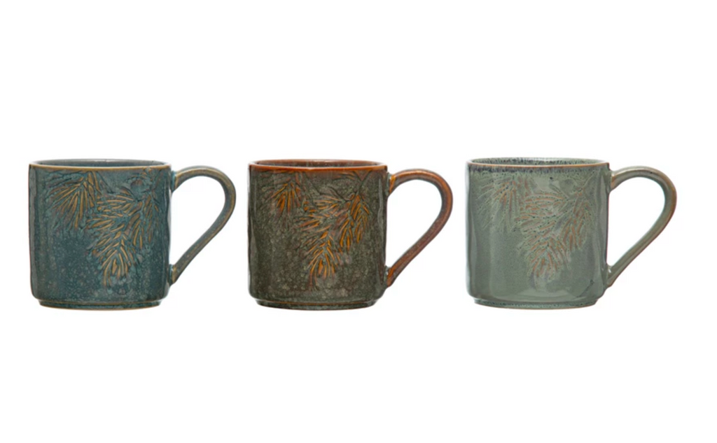 8 oz. Embossed Stoneware Mug w/ Pine Bough, Reactive Glaze, 3 Colors (Each One Will Vary)