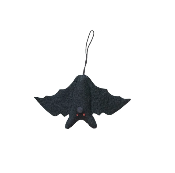 7-1/2"L x 4-1/2"H Handmade Wool Felt Bat Ornament, Black