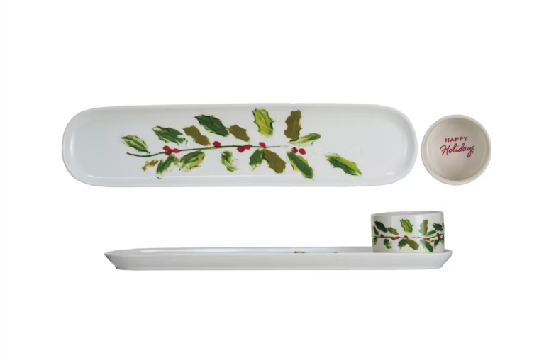 Stoneware Platter & Dish w/ Holly Leaves & Berries "Happy Holidays", Set of 2