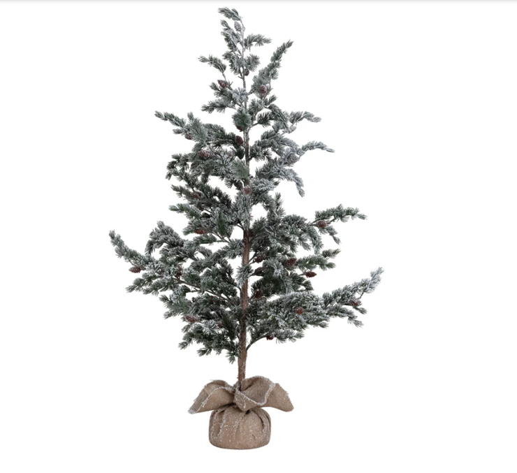 Faux Evergreen Tree in Burlap Sack, Snow Finish, Green & Natural, KD