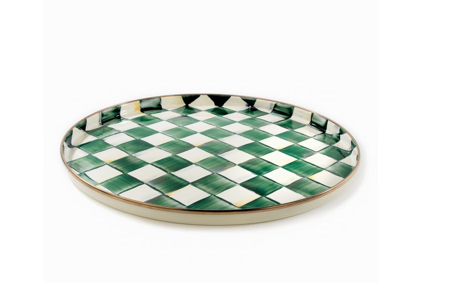 Check Enamelware Round Tray Emerald Check