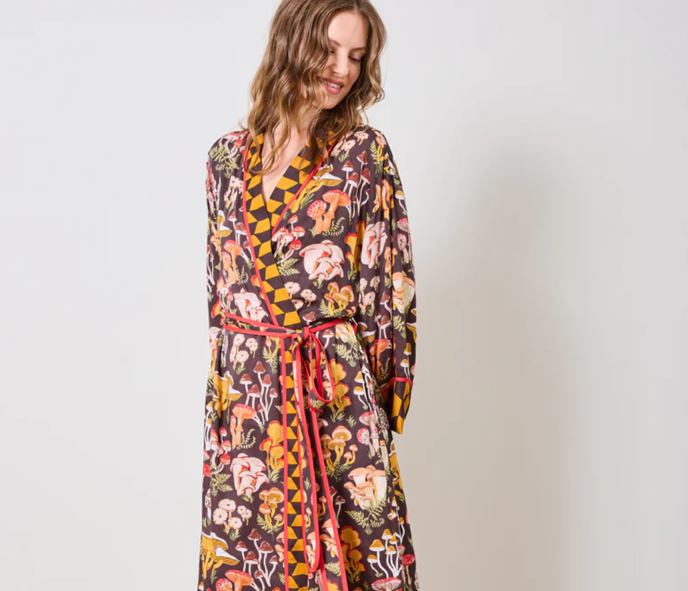 Eco Satin Robe in Mushroom Medley