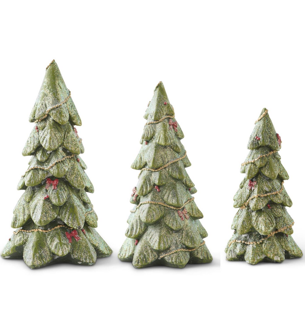 Resin Green Glitter Trees w/Gold Garland and Red Bows
