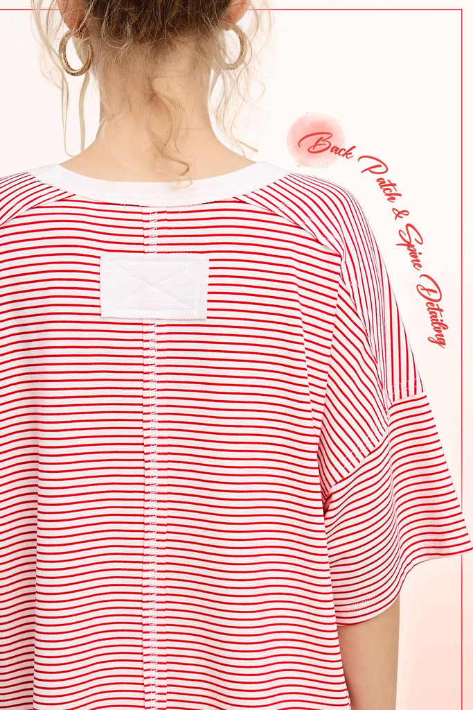 Red Striped Drop Shoulder Short Sleeves Top