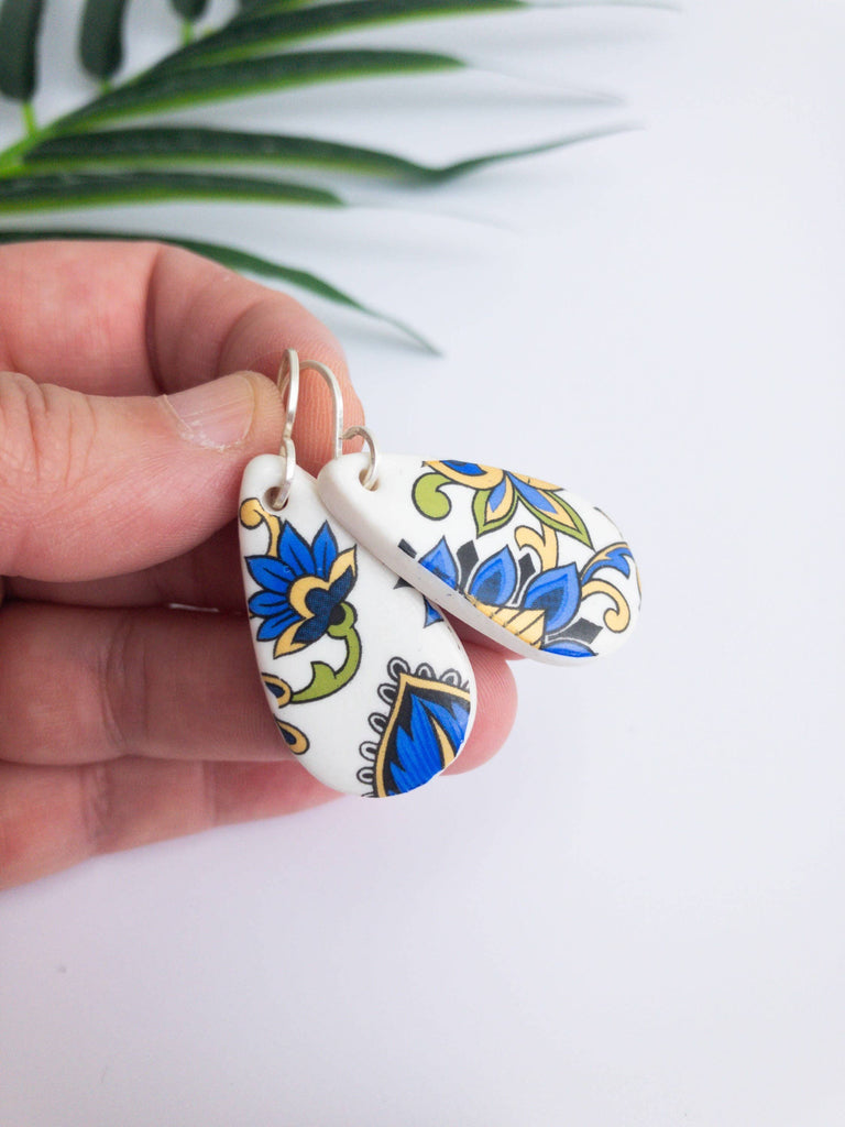 Tear Drop Porcelain Dangle Earrings With Paisley Design