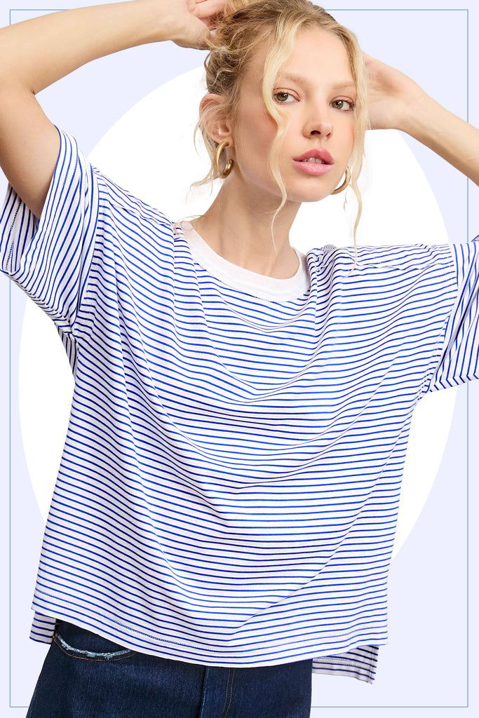 Red Striped Drop Shoulder Short Sleeves Top