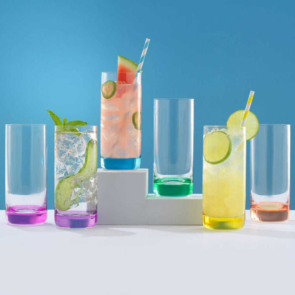 JoyJolt Hue Colored Highball Drinking Glasses - Set of 6